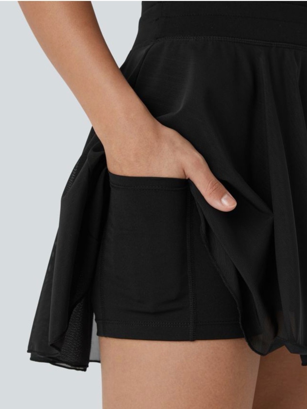 Halara High Waisted Drawstring Mesh 2-in-1 Pocket Flowy Mini Flare Skirt - Picture 3 of 7